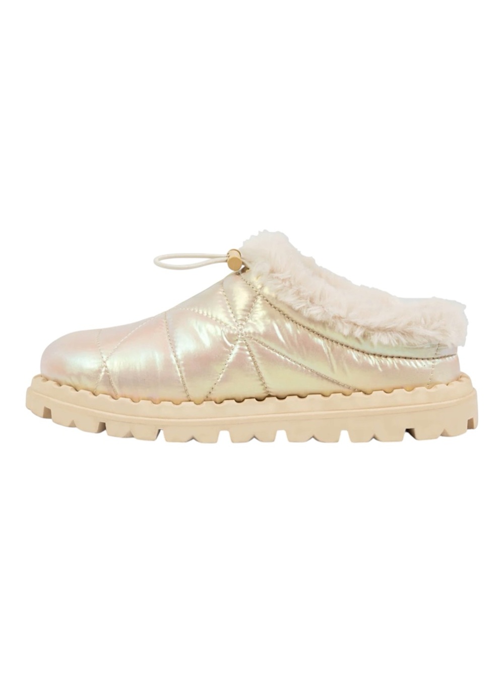 Jambu Slush Champagne Rose Iridescent Quilted Faux Fur Mules Size 10 New